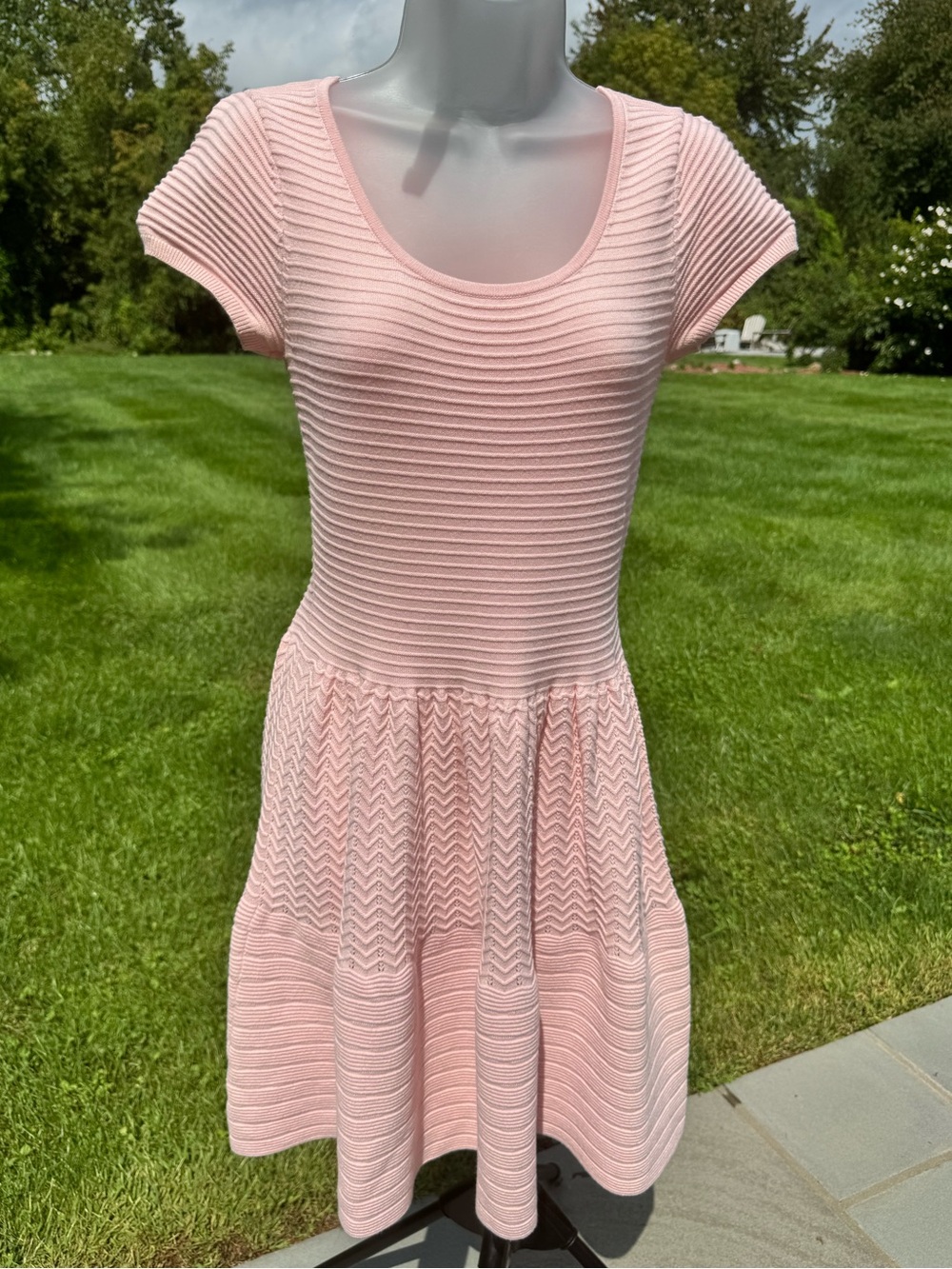 Sandro Blush Pink Ribbed Scoop Neck Short Sleeve Dress